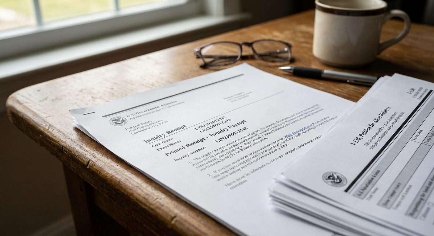 On a desk, the official inquiry receipt number generated after submitting a case delay form.