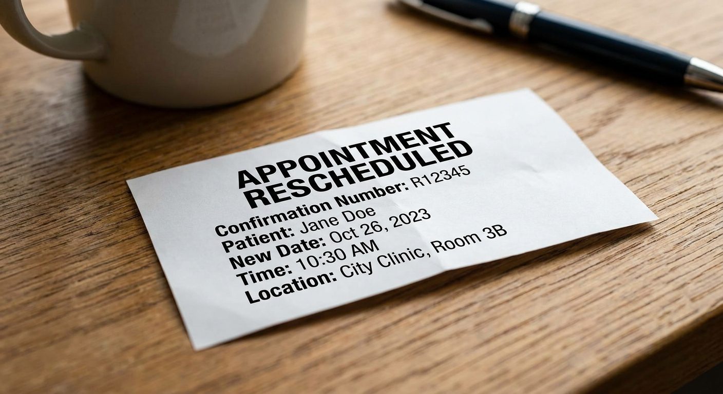 On a desk, the printed confirmation receipt verifies the newly assigned biometrics session date and time.