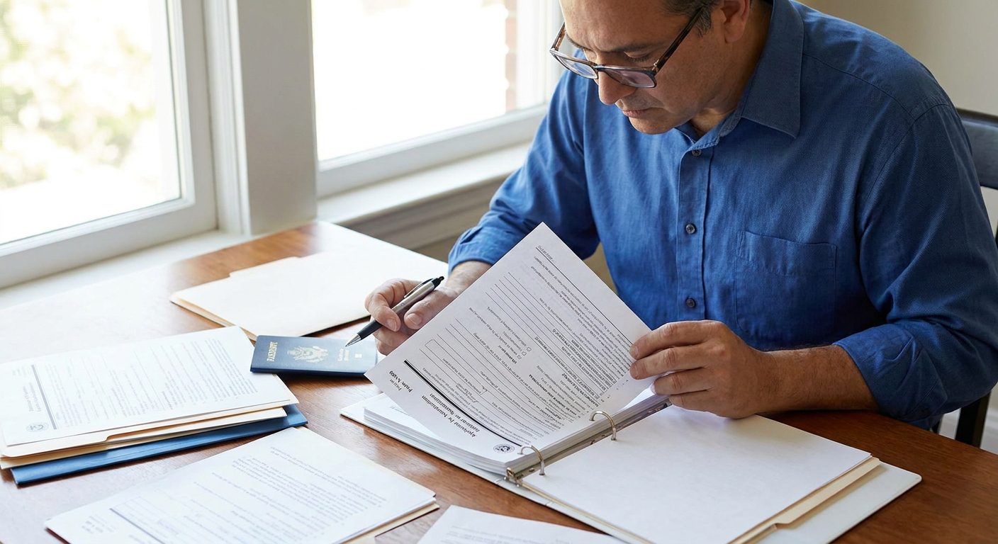 Residente permanente legal que revisa el formulario N-400 y un aviso de cita biométrica antes de solicitar la ciudadanía.