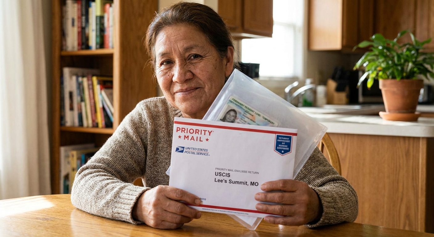 Envío postal de USCIS que contiene documentación temporal del sello I-551 para un residente permanente.