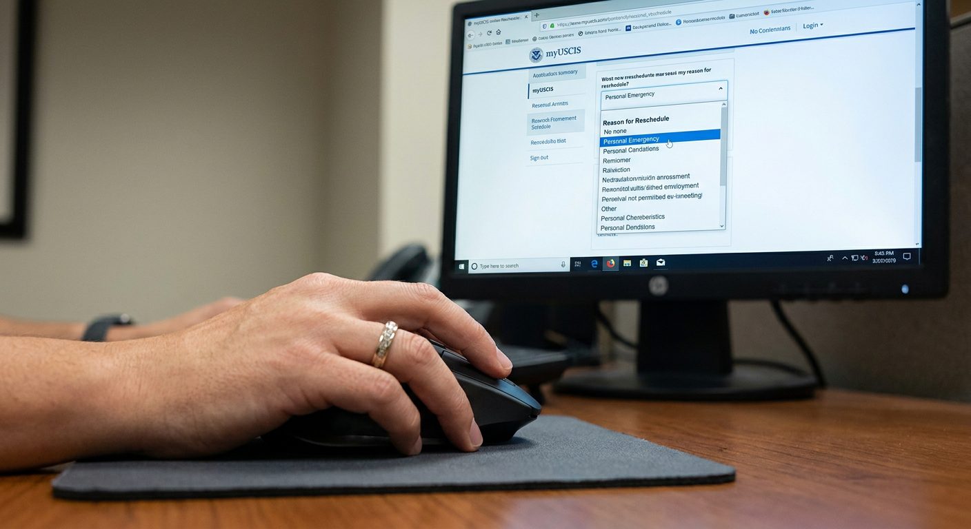 Selecting a valid reason for rescheduling within the myUSCIS digital self-service tool on a computer screen.