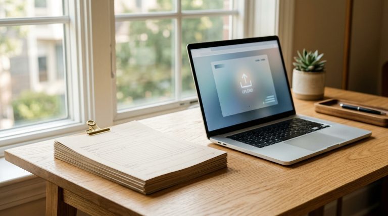A desk with paperwork and a laptop displaying a modern online portal for mandatory USCIS electronic filing.