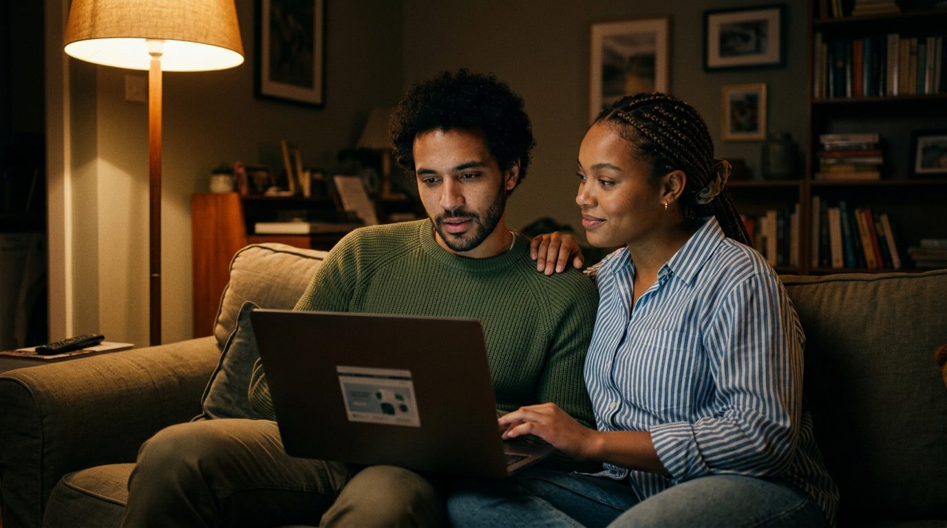 A young couple looking at a laptop together with serious, hopeful expressions.