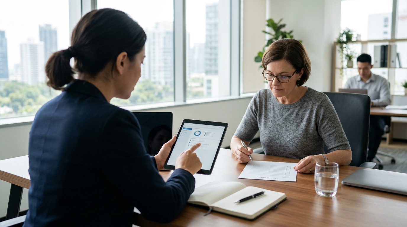 A legal professional guiding a client through an online application process on a tablet.