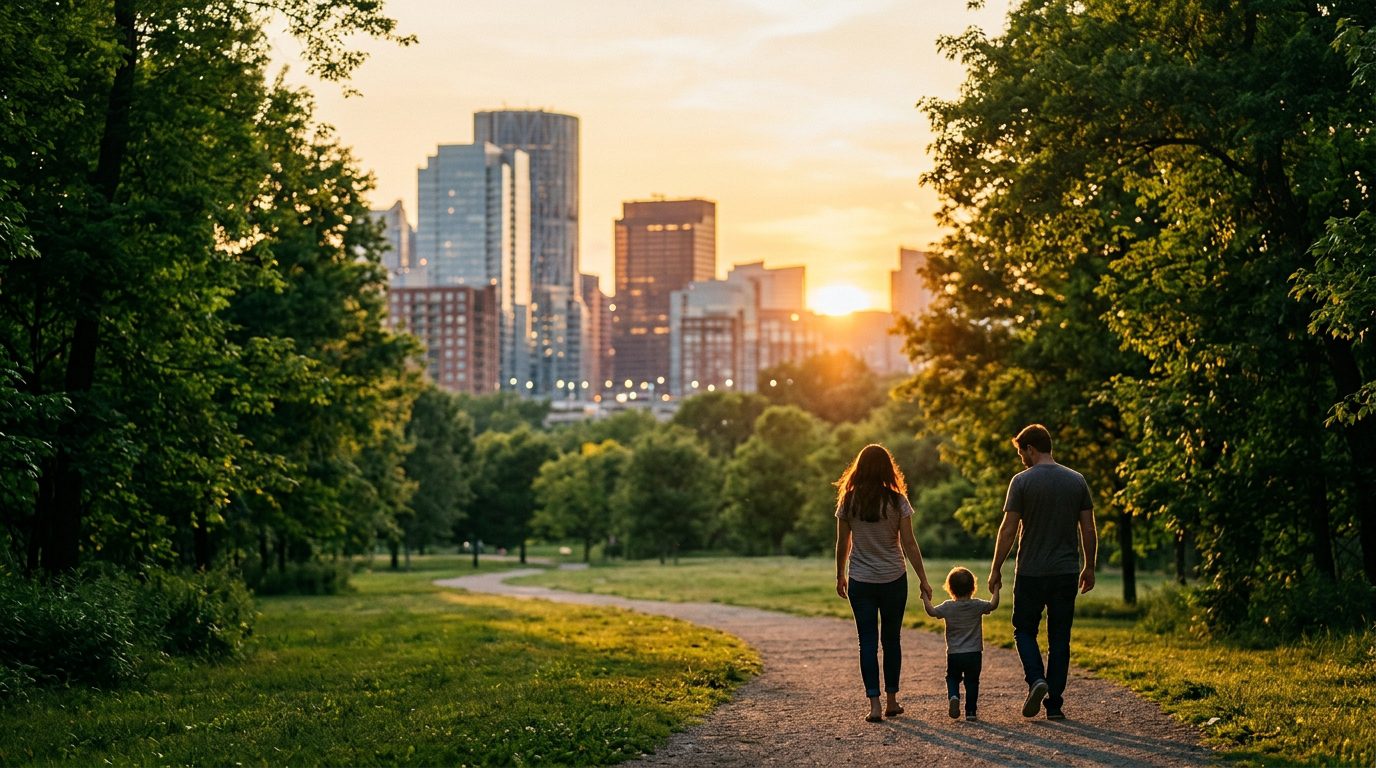 A family walking hand-in-hand through a sunlit public park during sunset.