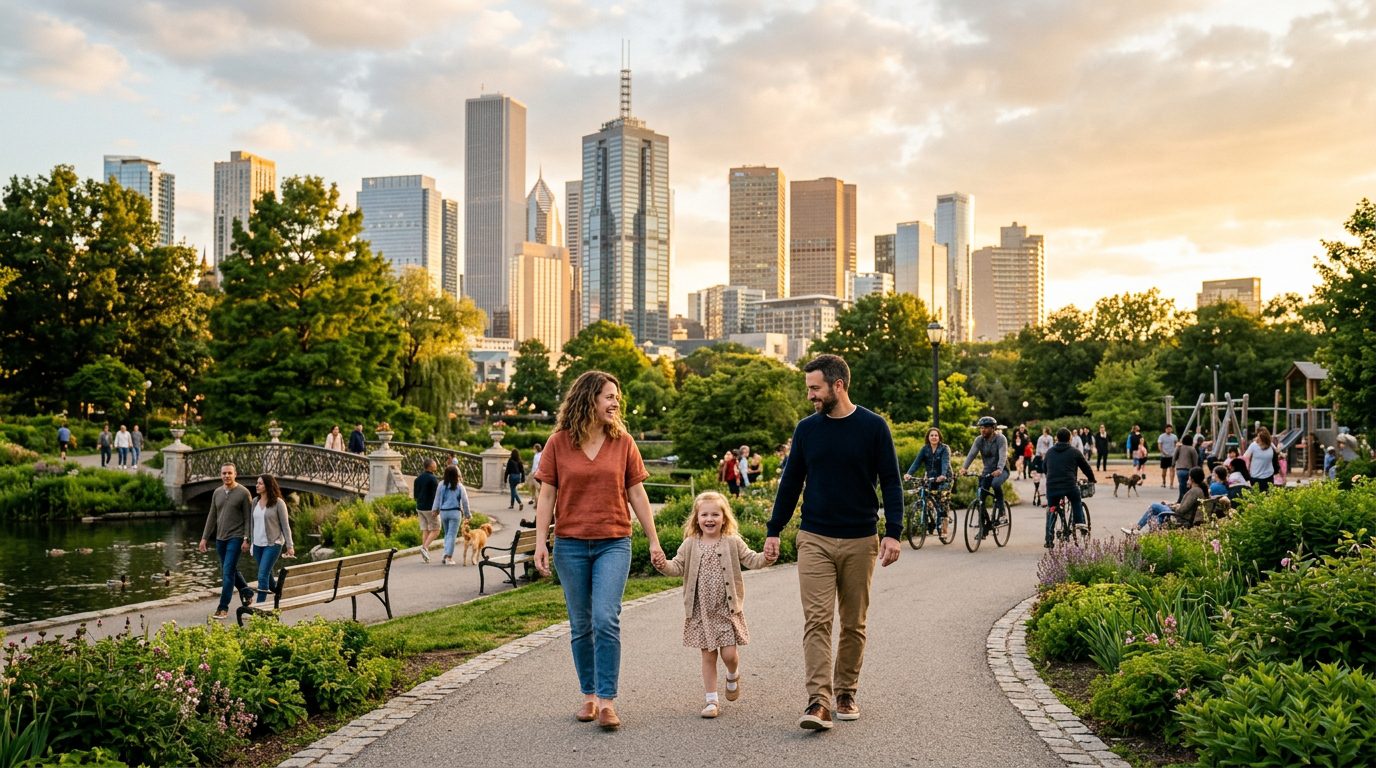 Una familia caminando junta por un parque urbano iluminado por el sol durante la hora dorada.