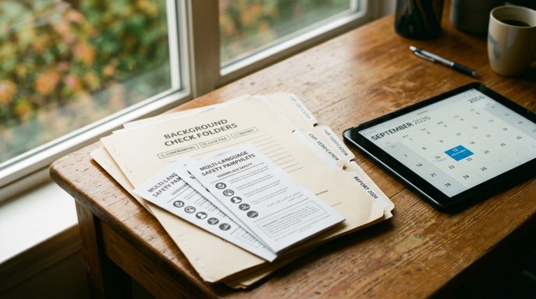 Safety pamphlets and documents showing compliance with international marriage broker regulations on a wooden desk.