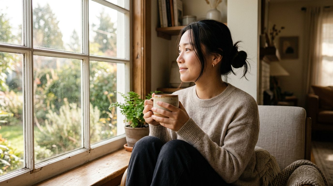 A young woman looking out of a sunny window with a peaceful expression.