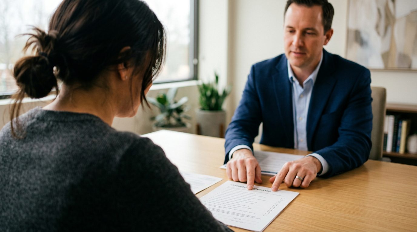 A person reviewing safety compliance documents during a professional legal consultation.