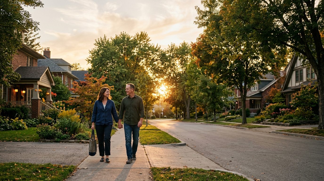 A couple walking together down a tree-lined street during a peaceful sunset.