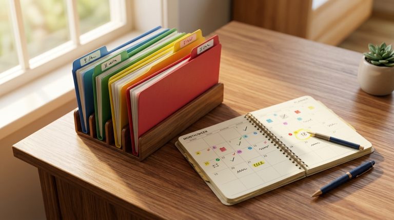 Immigration Judge appointments reduce backlog as organized folders and a calendar sit on a desk.