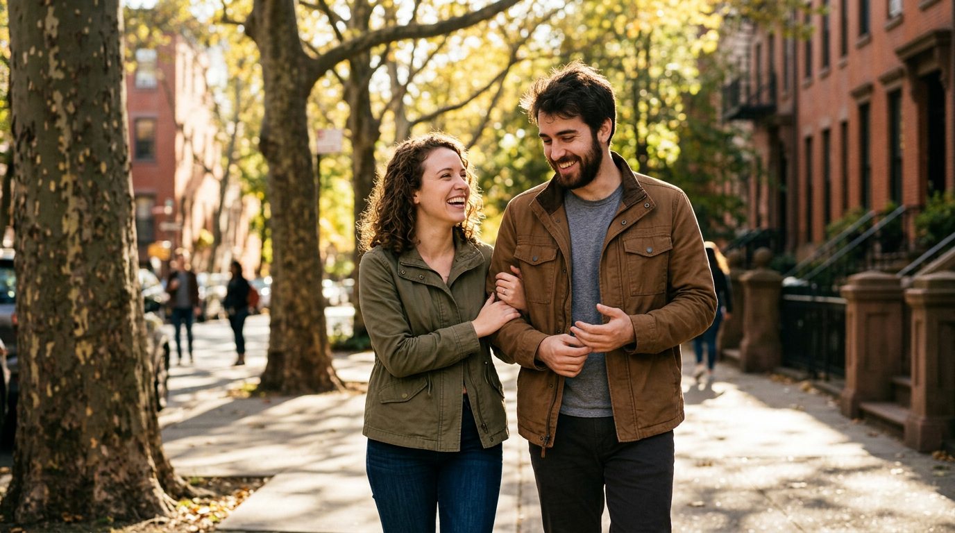 A hopeful couple walks down a sunny city street showing relief and happiness.