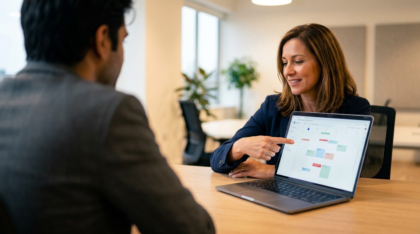 An over-the-shoulder view of a legal consultation inside a modern office.
