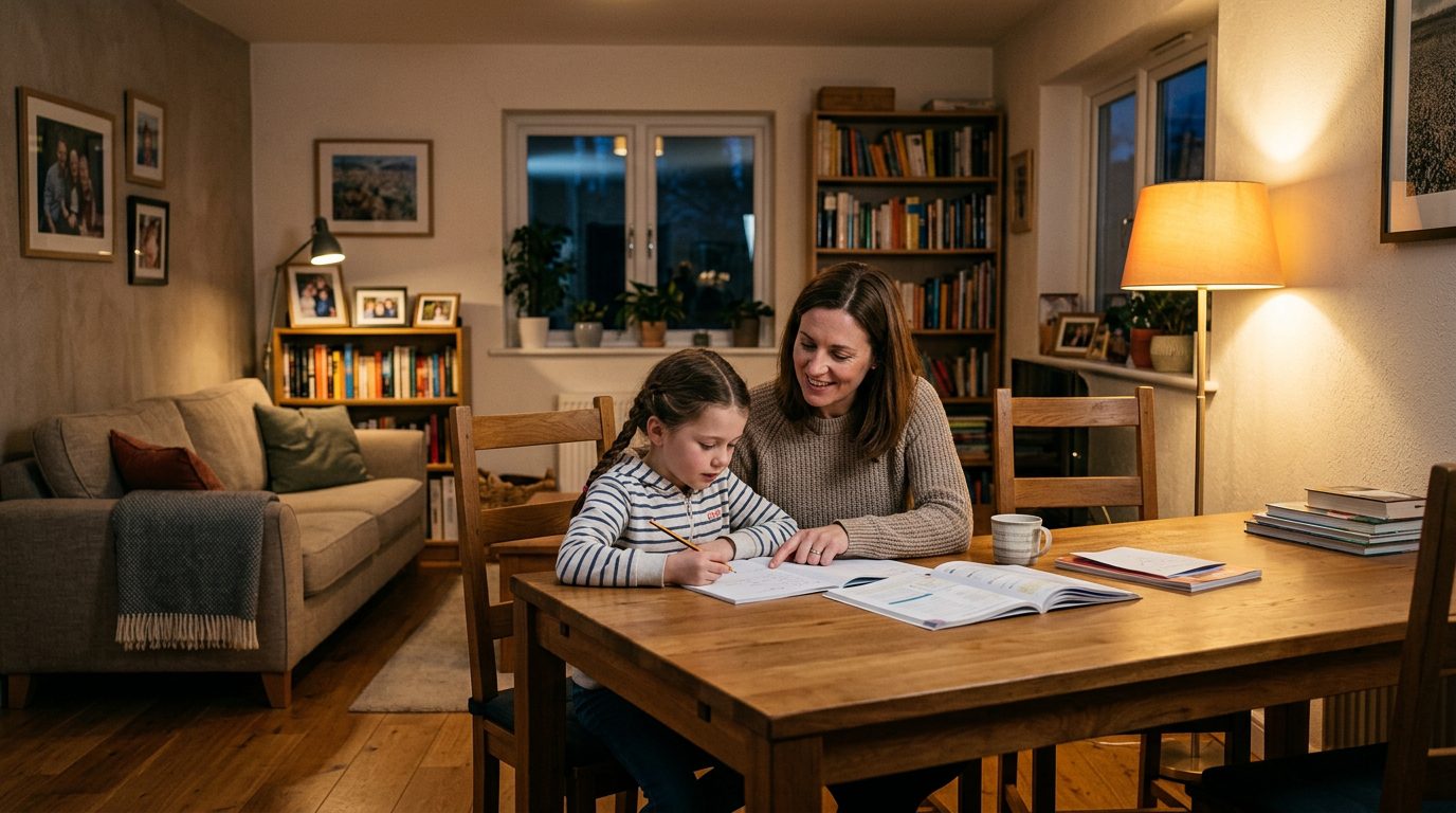 A mother and child study together at a dining table in a cozy home.