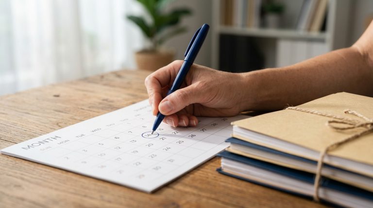 Hand circling a date on a calendar next to files, representing the September 2026 Visa Bulletin.