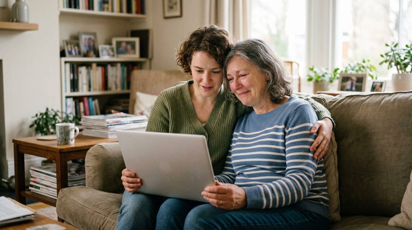 Mother and adult daughter hugging on a sofa while looking at a laptop screen.
