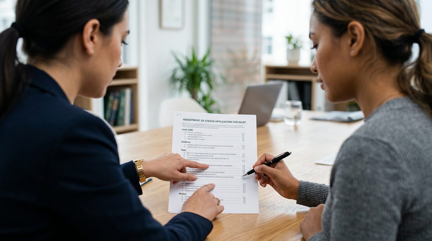 Over the shoulder view of a professional pointing at a document checklist on a desk.