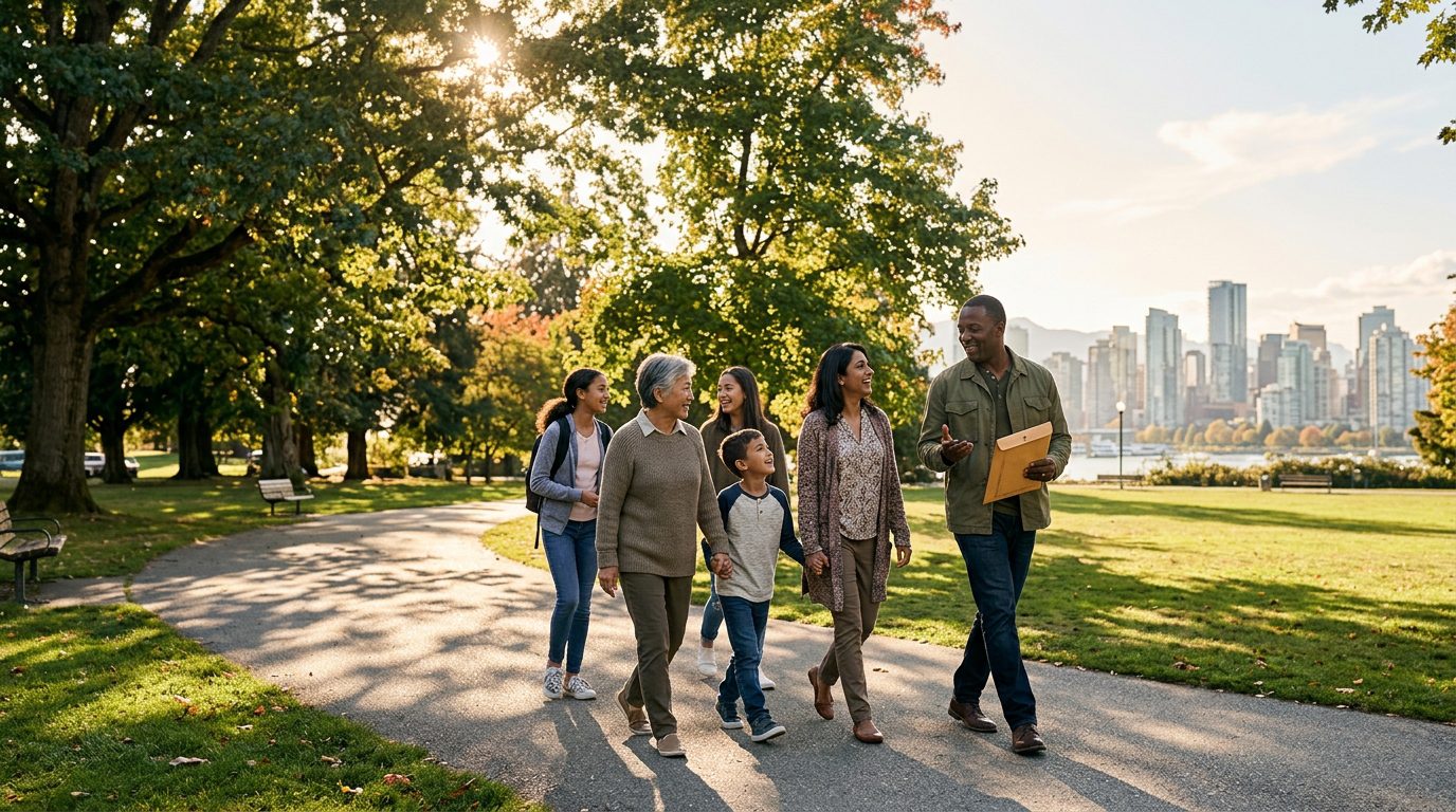 A family walking together through a sunny city park with a document envelope.