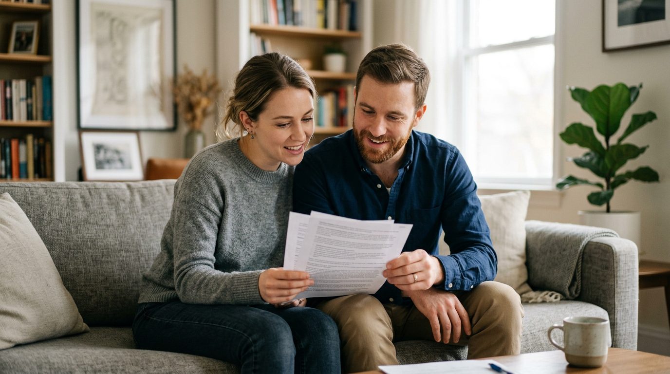 A young couple reviewing legal documents together in a sunlit living room.
