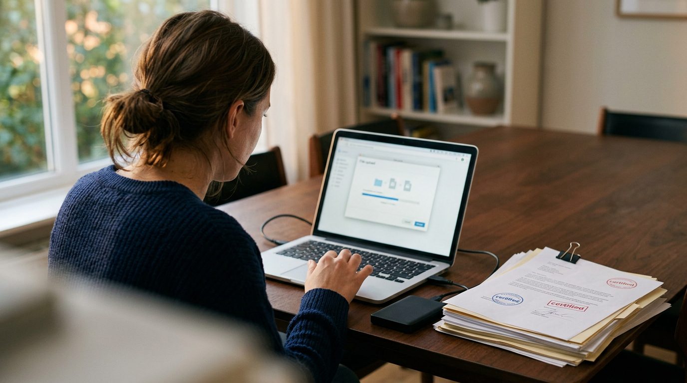 A person uploading family documentation onto a laptop computer at a dining table.