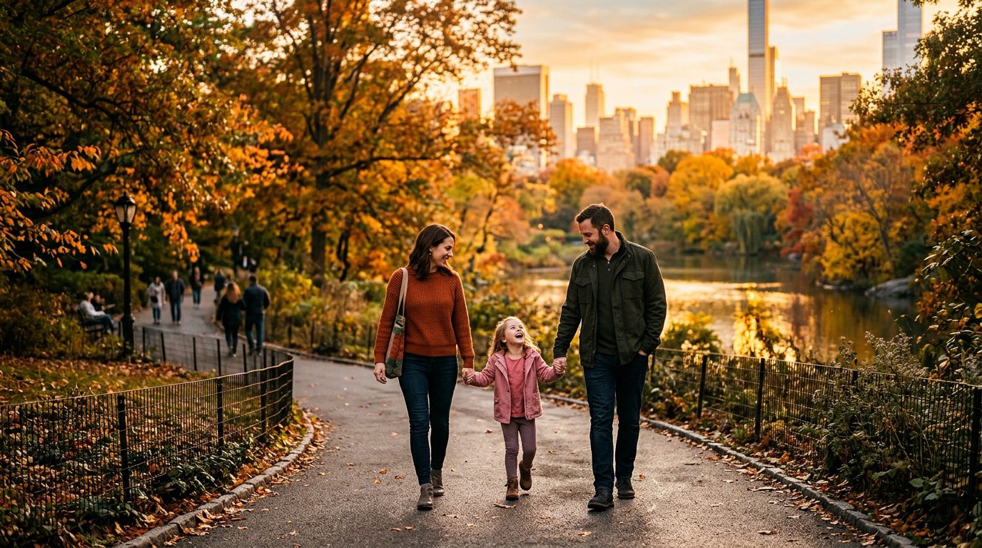 A happy family walking together through a sun-drenched urban park during golden hour.
