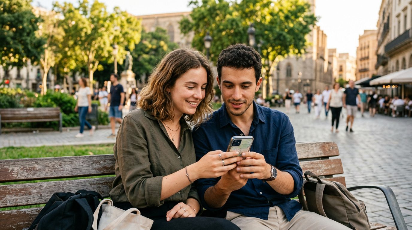 A couple looking at a phone in a sunny city plaza.