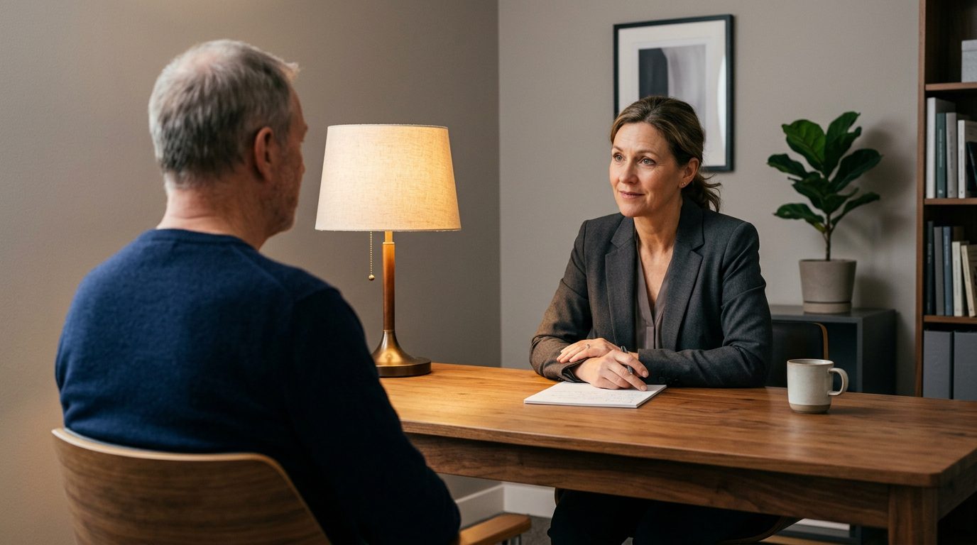 An immigration consultation between a professional and client in a modern office.