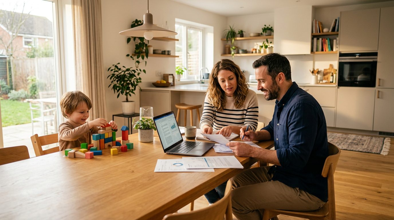 A family gathered around a dining table in a brightly lit home.