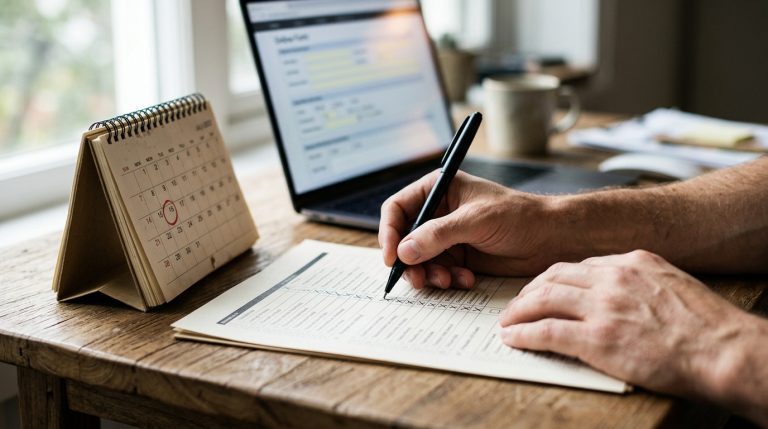 Hands marking a calendar next to documents under the new T visa certification rule.