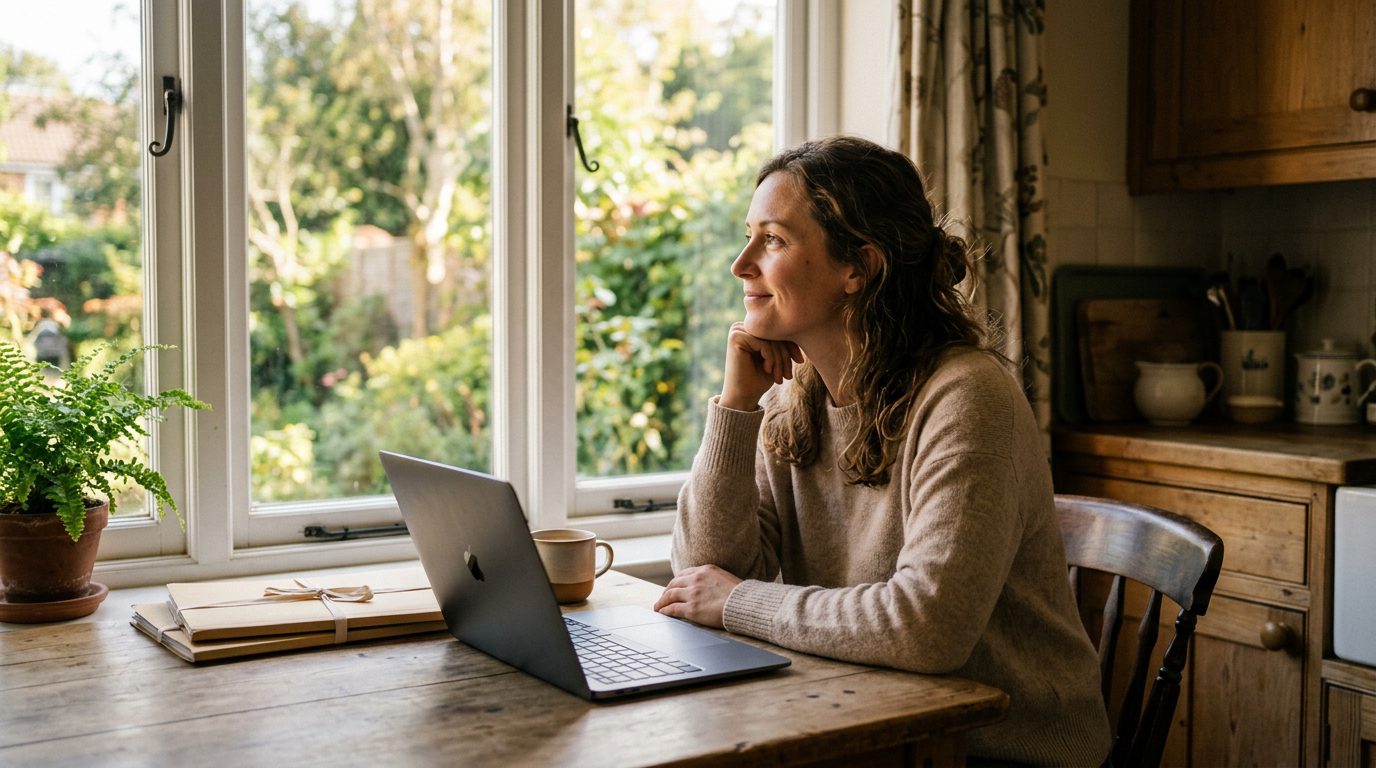 A woman sitting calmly at a kitchen table looking out a sunlit window.