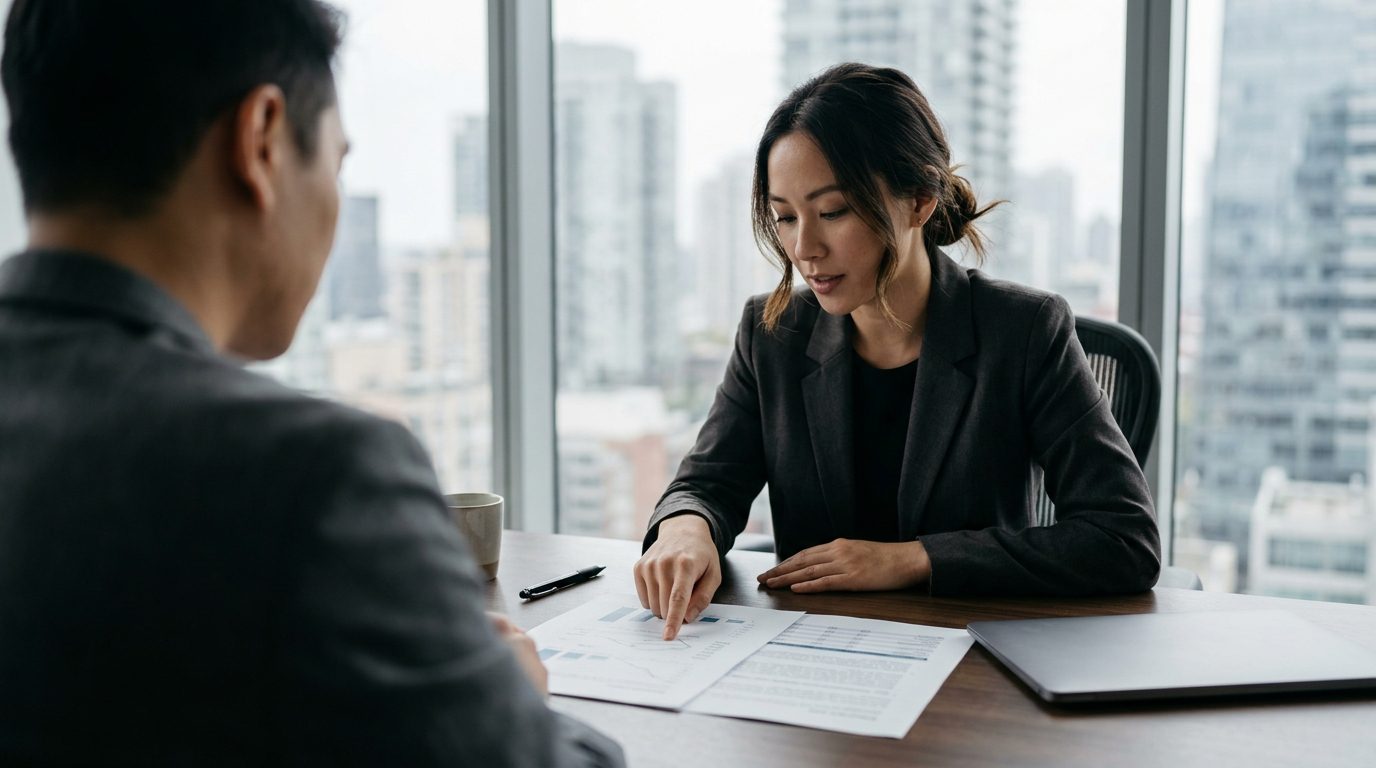 A professional legal consultation in a modern office, viewed from behind the client.