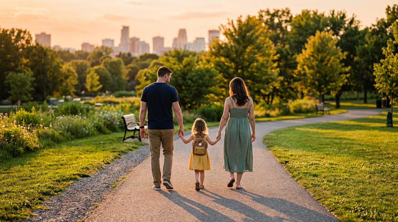 A family walks hand-in-hand through a green city park during warm golden hour.