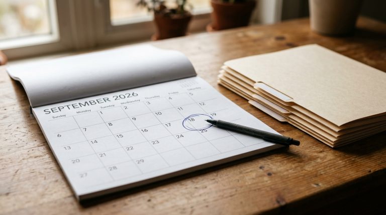 A desk calendar and stacked folders representing the new public charge policy guidance timeline.