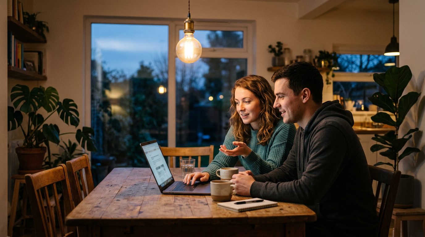 A focused couple discussing their future plans while looking at a laptop screen.