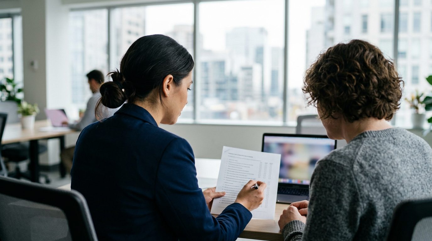 A professional explaining document requirements to a client in a bright office.