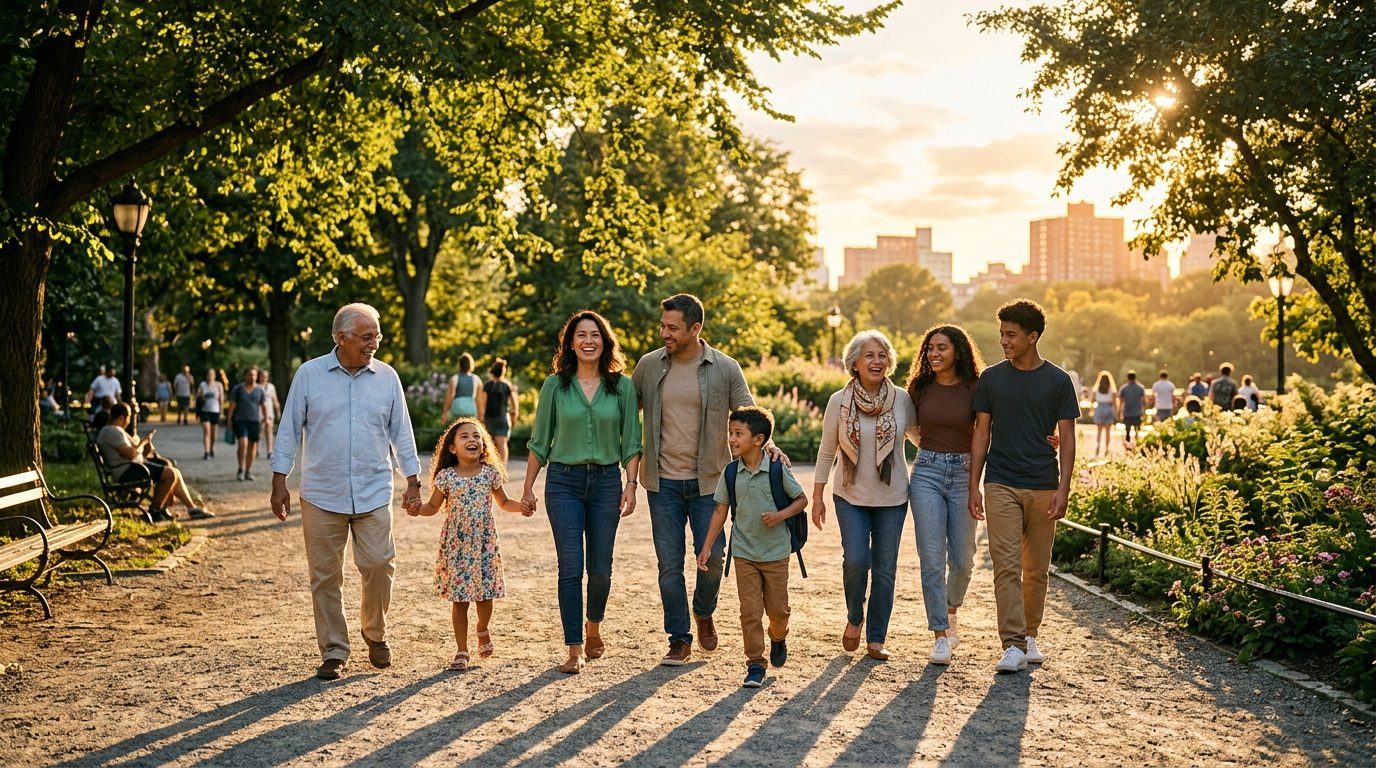 A family walking together in a sunny city park, symbolizing community stability.
