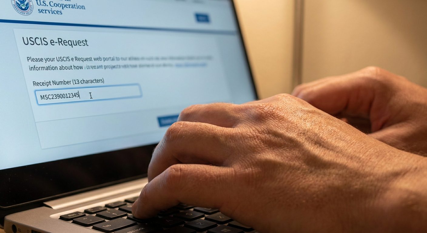 Typing a 13-character receipt number into the digital portal for an I-485 status check.